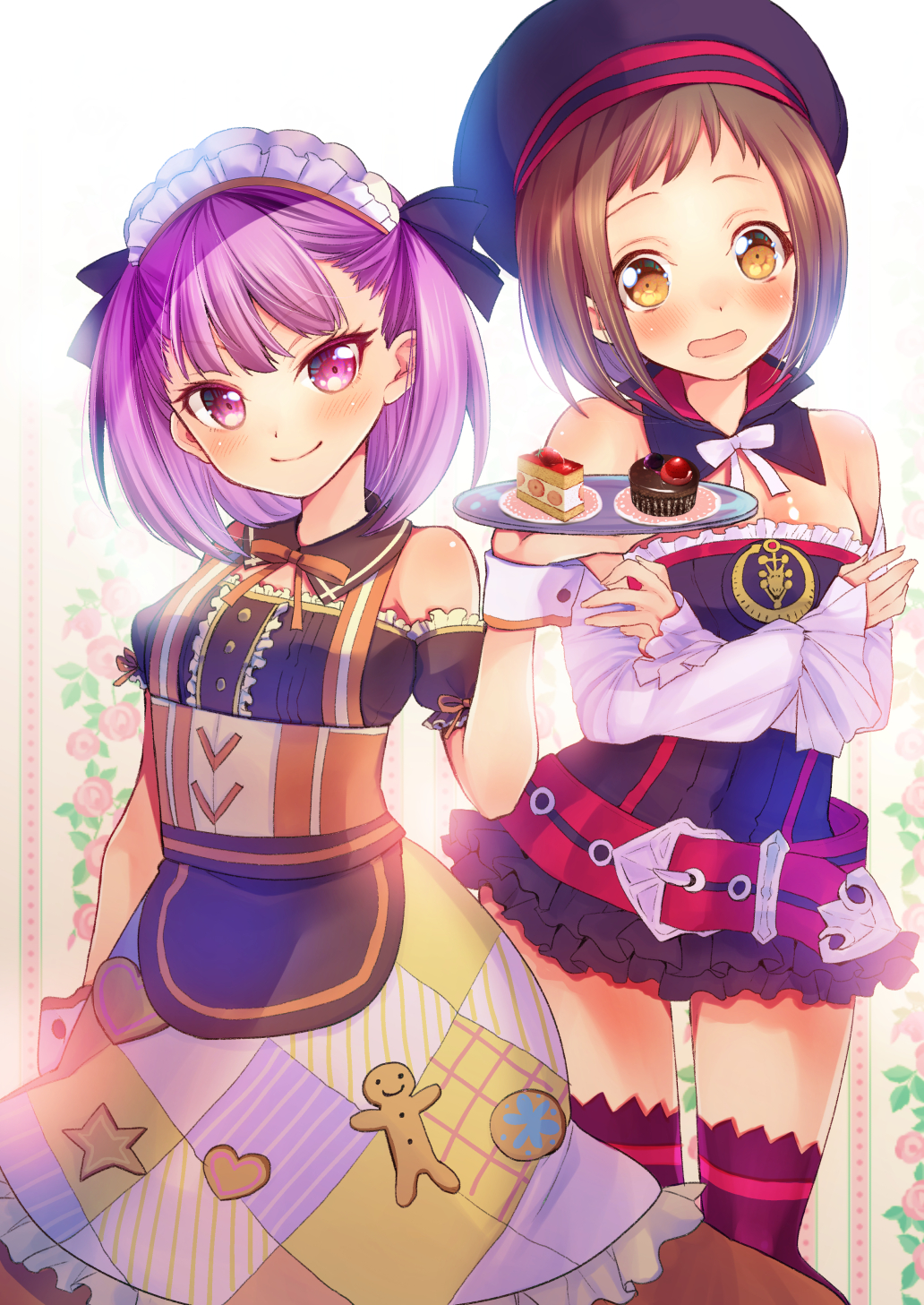 2girls bang_dream! belt beret black_dress black_hat blush brown_eyes brown_hair center_frills commentary_request cosplay costume_switch crossed_arms crossover cupcake detached_collar detached_sleeves dress fate/grand_order fate_(series) food frills gingerbread_man hat hazawa_tsugumi hazawa_tsugumi_(cosplay) helena_blavatsky_(fate) helena_blavatsky_(fate)_(cosplay) highres holding holding_tray kanemoto_hisako looking_at_viewer maid_headdress multiple_girls neck_ribbon over-kneehighs pink_neckwear purple_eyes purple_hair red_neckwear ribbon sash short_hair thighhighs tray tsurugi_hikaru voice_actor_connection wrist_cuffs