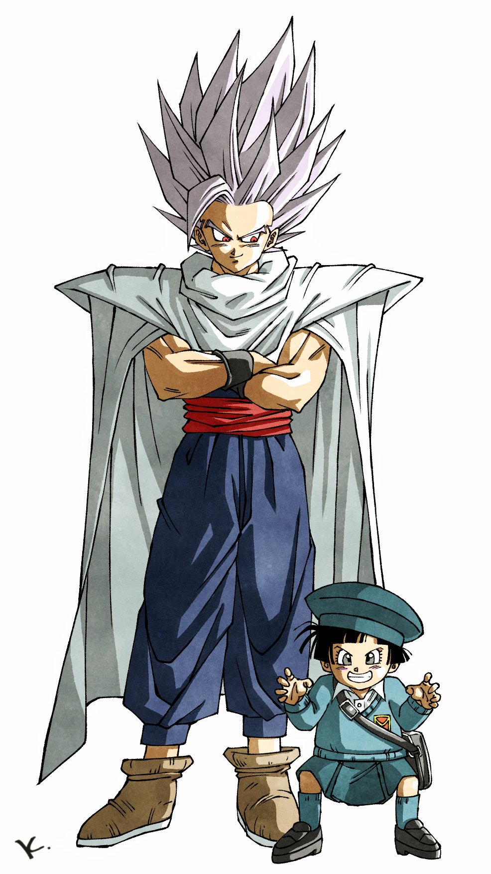 1boy 1girl bag black_hair black_shoes blue_sky blue_sweater brown_shoes cape child crossed_arms dougi dragon_ball dragon_ball_super dragon_ball_super_super_hero father_and_daughter full_body gohan_beast grey_eyes grey_hair hat highres kakeru_(dbskakeru) long_hair looking_at_another looking_at_viewer pan_(dragon_ball) pants purple_pants purple_shirt red_eyes red_sash sash school_bag shirt shoes short_hair simple_background skirt sky smile smirk son_gohan spiked_hair sweater teeth white_background white_cape white_hair white_shirt wristband