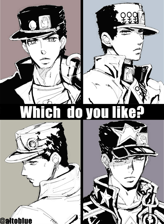 4boys chain coat commentary_request diamond_wa_kudakenai english_text frown gakuran greyscale_with_colored_background hat hisohiso_(altoblue) jojo_no_kimyou_na_bouken kuujou_joutarou male_focus multiple_boys multiple_persona school_uniform stardust_crusaders stone_ocean turtleneck twitter_username vento_aureo