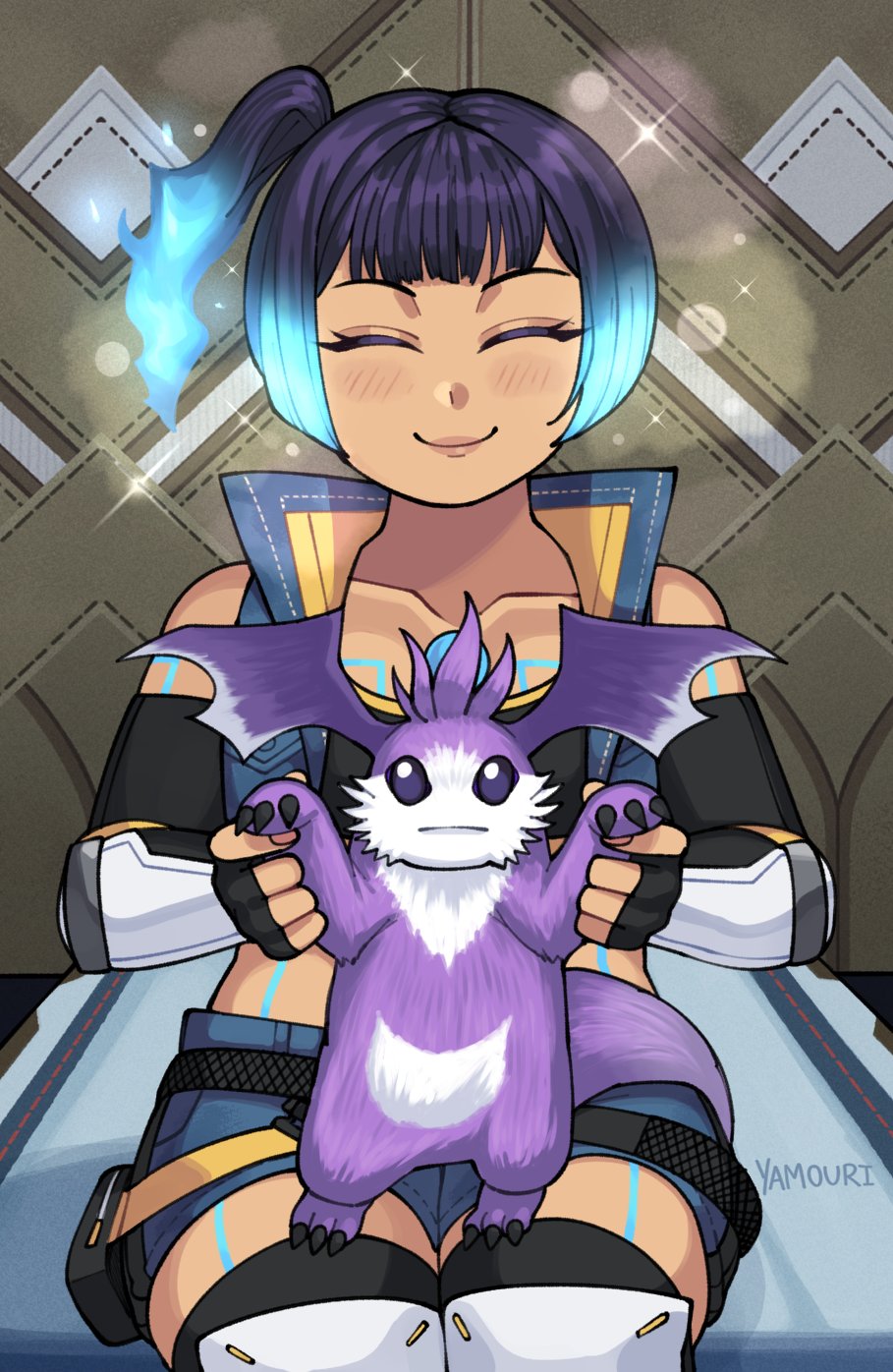 1girl bare_shoulders bat_wings closed_eyes crop_top cropped_jacket dark-skinned_female dark_skin depriti_pippito lips medium_hair purple_fur sena_(xenoblade) shorts sitting sleeveless tail wings xenoblade_chronicles_(series) xenoblade_chronicles_3 yamouri