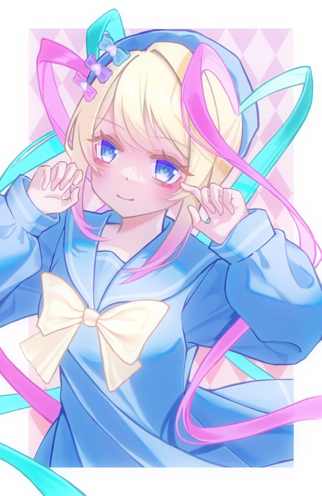 blonde_hair blue_eyes blue_serafuku blue_shirt blush border bow chouzetsusaikawa_tenshi-chan colored_tips double-parted_bangs hair_between_eyes hair_bow hands_up highres index_finger_raised koharustuki looking_at_viewer multicolored_hair multiple_hair_bows needy_girl_overdose outside_border quad_tails sailor_collar school_uniform serafuku shirt sidelocks white_border