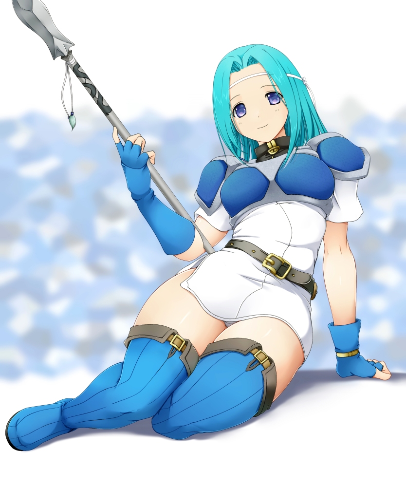 1girl armor ashita_yaru asymmetrical_gloves belt belt_buckle black_belt blue_armor blue_gloves blue_hair blue_thighhighs breastplate buckle closed_mouth curtained_hair dress fingerless_gloves fiora_(fire_emblem) fire_emblem fire_emblem:_the_blazing_blade gloves hair_intakes headband holding holding_polearm holding_weapon light_blue_hair medium_hair nintendo panties pantyshot pegasus_knight_uniform_(fire_emblem) polearm purple_eyes short_dress short_sleeves shoulder_armor smile solo spear thighhighs thighs underwear uneven_gloves weapon white_dress white_headband white_panties