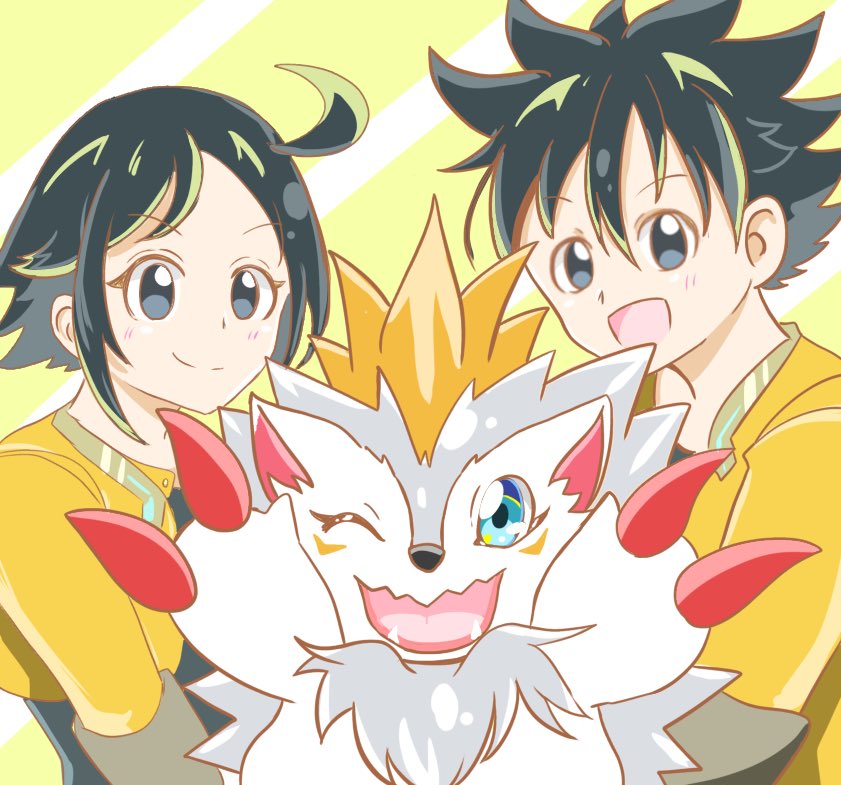 1boy 1girl blue_eyes claws digimon digimon_(creature) digimon_rearise female_protagonist_(digimon_rearise) herissmon male_protagonist_(digimon_rearise) tongue tongue_out
