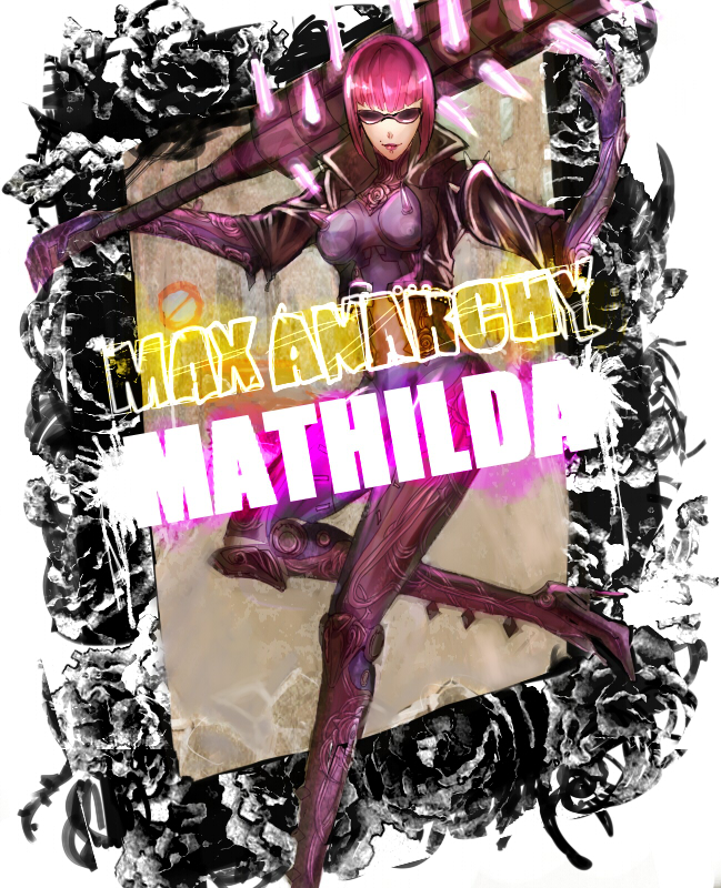 cyborg framed jacket mace madworld mathilda_(madworld) max_anarchy purple_hair sega spikes sunglasses weapon