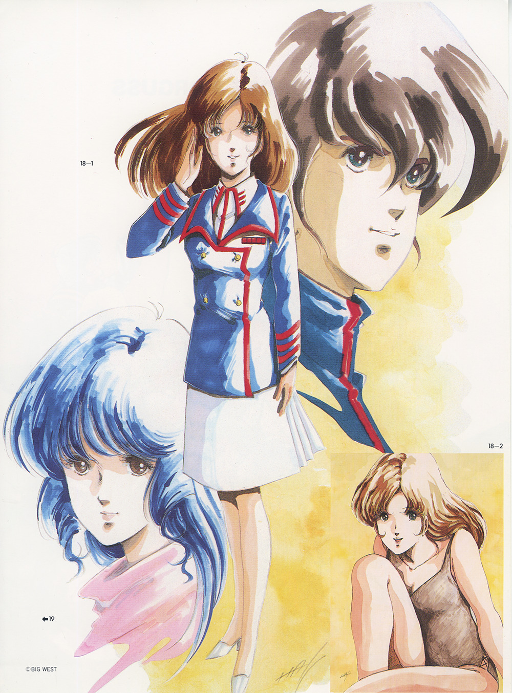 1980s_(style) 1boy 2girls big_west blue_eyes blue_hair brown_hair choujikuu_yousai_macross dual_persona hayase_misa highres ichijou_hikaru lynn_minmay macross mikimoto_haruhiko military military_uniform multiple_girls official_art oldschool production_art promotional_art prototype_design retro_artstyle salute scan science_fiction signature skirt swimsuit traditional_media u.n._spacy