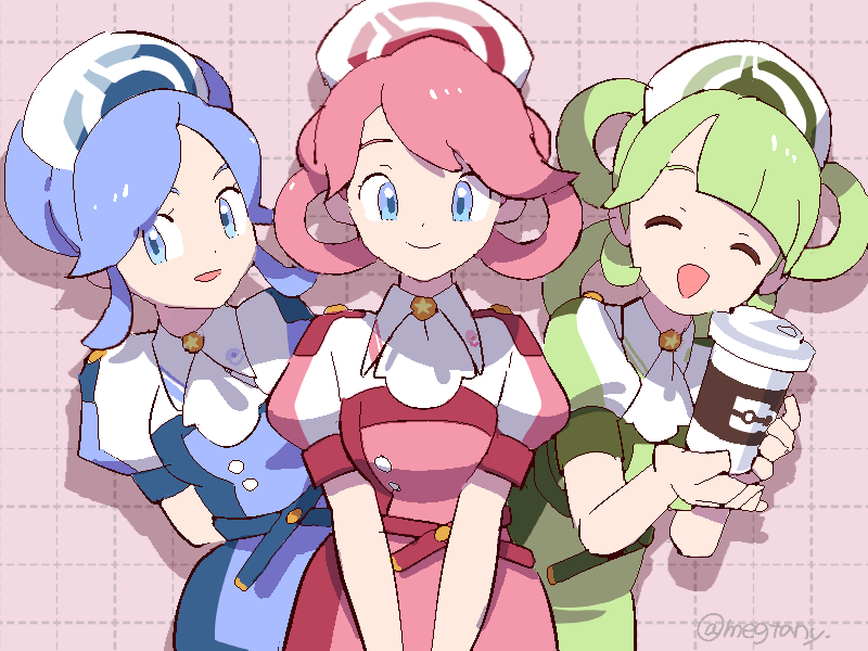 3girls :d ^_^ blue_dress blue_eyes blue_hair breasts closed_eyes closed_mouth cup dress drop_shadow green_dress hair_rings hat holding holding_cup jaggy_lines light_green_hair long_hair looking_at_viewer medium_breasts mizutani_megumi multiple_girls nintendo nurse_cap open_mouth pink_background pink_dress pink_hair pokemon pokemon_masters_ex puffy_short_sleeves puffy_sleeves short_hair short_sleeves siblings sisters smile star_(symbol) tricia_(pokemon) trinnia_(pokemon) trista_(pokemon) twitter_username