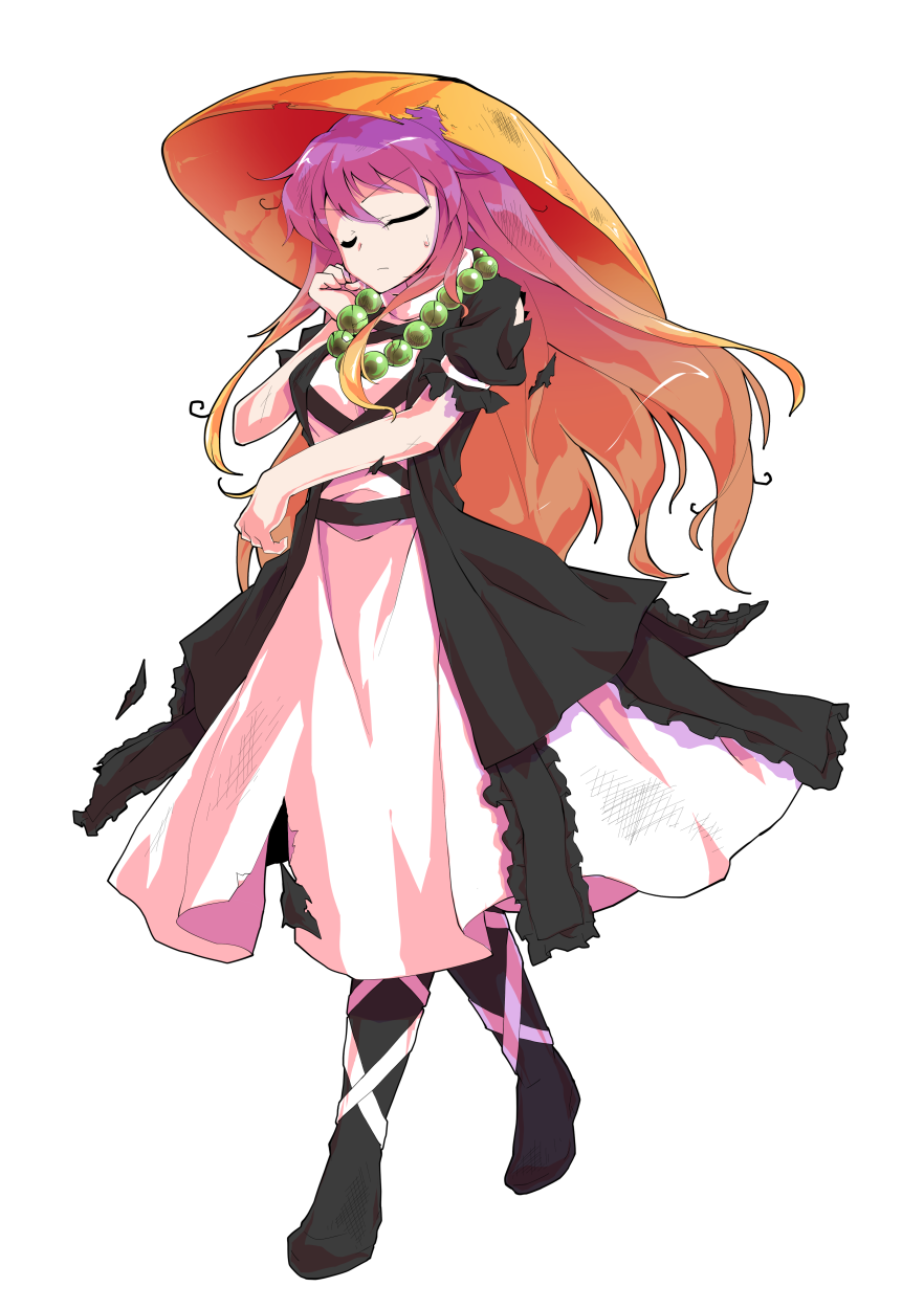 1girl ajirogasa bead_necklace beads black_boots boots dairi defeat dress full_body gradient_hair hat highres hijiri_byakuren jewelry multicolored_hair necklace prayer_beads puffy_short_sleeves puffy_sleeves purple_eyes purple_hair short_sleeves solo tachi-e touhou two-tone_hair white_dress