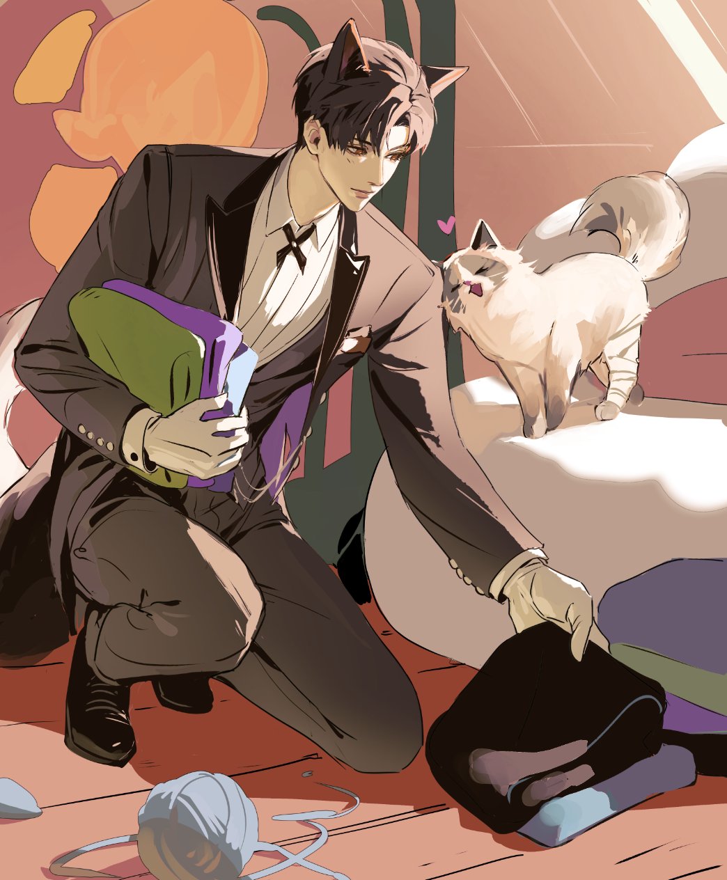 1boy animal_ears black_footwear black_pants black_suit brown_eyes cat cat_boy cat_ears cat_tail closed_eyes collared_shirt formal_clothes gloves heart highres holding indoors kneeling lips long_sleeves love_and_deepspace male_focus massivehams pants picking_up shirt short_hair solo suit sunlight tail white_gloves white_shirt yarn yarn_ball zayne_(love_and_deepspace)