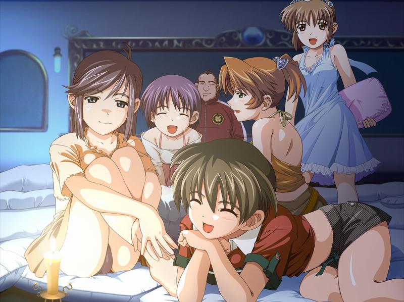 1boy 5girls aozora_haruka barefoot candle edelweiss fujisaki_rin futon game_cg hinata_mizuki jpeg_artifacts kamoike_ran katakura_shinji hugging_own_legs multiple_girls takase_sakura