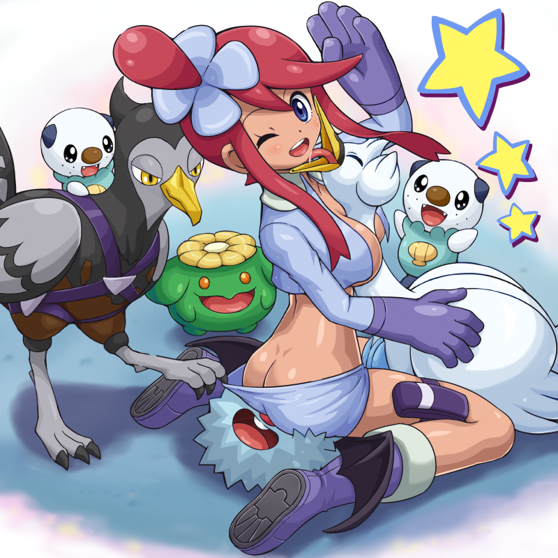 1girl ass assisted_exposure between_breasts blue_eyes blue_footwear boots breasts butt_crack clothes_pull downpants fangs gen_2_pokemon gen_5_pokemon gloves gym_leader hair_ornament jacket knee_boots licking licking_another&#039;s_face looking_at_ass looking_at_viewer looking_back looking_down medium_breasts midriff nintendo no_bra no_panties one_eye_closed open_clothes open_jacket open_mouth oshawott pokemoa pokemon pokemon_(creature) pulling pulling_another&#039;s_clothes red_hair salute shoe_soles shorts shorts_pull sitting sitting_on_animal sitting_on_face sitting_on_person skiploom skyla_(pokemon) smile star_(symbol) staring swanna thigh_strap unfezant unfezant_(female) wariza wink woobat yellow_eyes