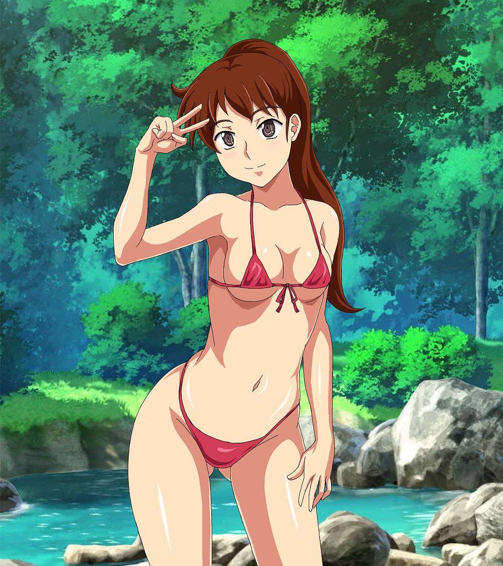 1girl ai_no_wakakusa_monogatari amagamigamigami_(tomato_emperor) arm_at_side bad_id bad_pixiv_id bikini bikini_top_only breasts breasts_apart brown_hair bush closed_mouth collarbone cowboy_shot day female_focus front-tie_bikini_top front-tie_top gluteal_fold grey_eyes groin hand_on_own_thigh hand_up head_tilt high_ponytail josephine_march leaning_to_the_side legs_apart long_hair looking_at_viewer medium_breasts micro_bikini micro_bikini_top navel outdoors pond ponytail red_bikini rock shadow shiny_skin skindentation smile solo standing sunlight swimsuit thighs tree underboob v water wide_hips world_masterpiece_theater