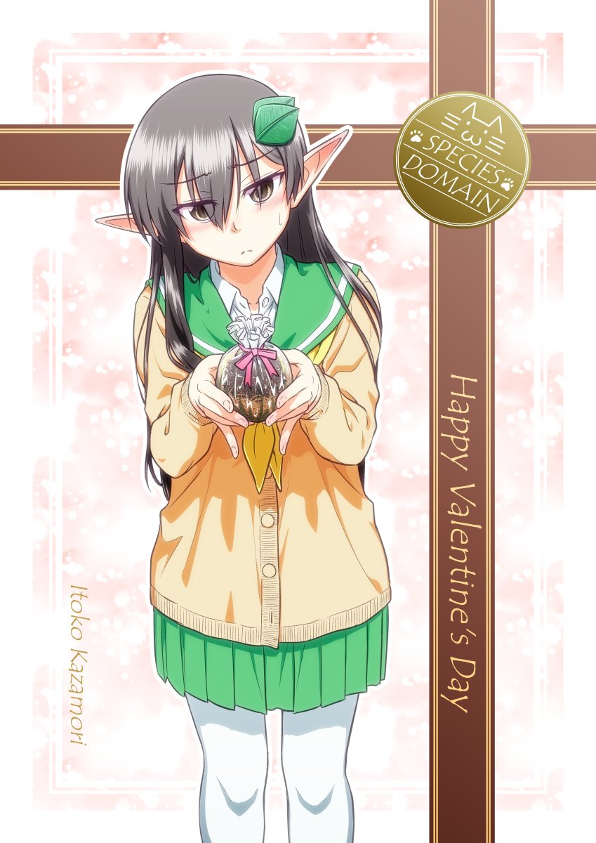1girl black_eyes character_name chocolate copyright_name elf female_focus green_skirt hair_ornament happy_valentine highres kazamori_itoko leaf_hair_ornament long_sleeves official_art pantyhose pointy_ears school_uniform serafuku shun_(rokudena-shi) skirt solo species_domain sweatdrop sweater white_pantyhose