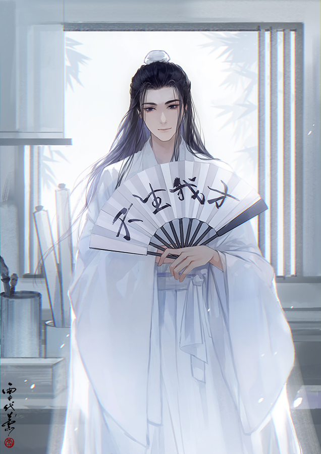 1boy artist_name bishounen black_eyes black_hair bun_cover calligraphy calligraphy_brush chinese_clothes chinese_commentary chinese_text closed_mouth curtains dao_gui_yi_xian day folding_fan hair_bun hand_fan hand_fan_writing hanfu holding holding_fan indoors long_hair long_sleeves looking_at_viewer male_focus paintbrush paper_fan robe scroll seal_impression single_hair_bun smile solo standing white_hanfu wide_sleeves window window_blinds xuedaixun zhuge_yuan