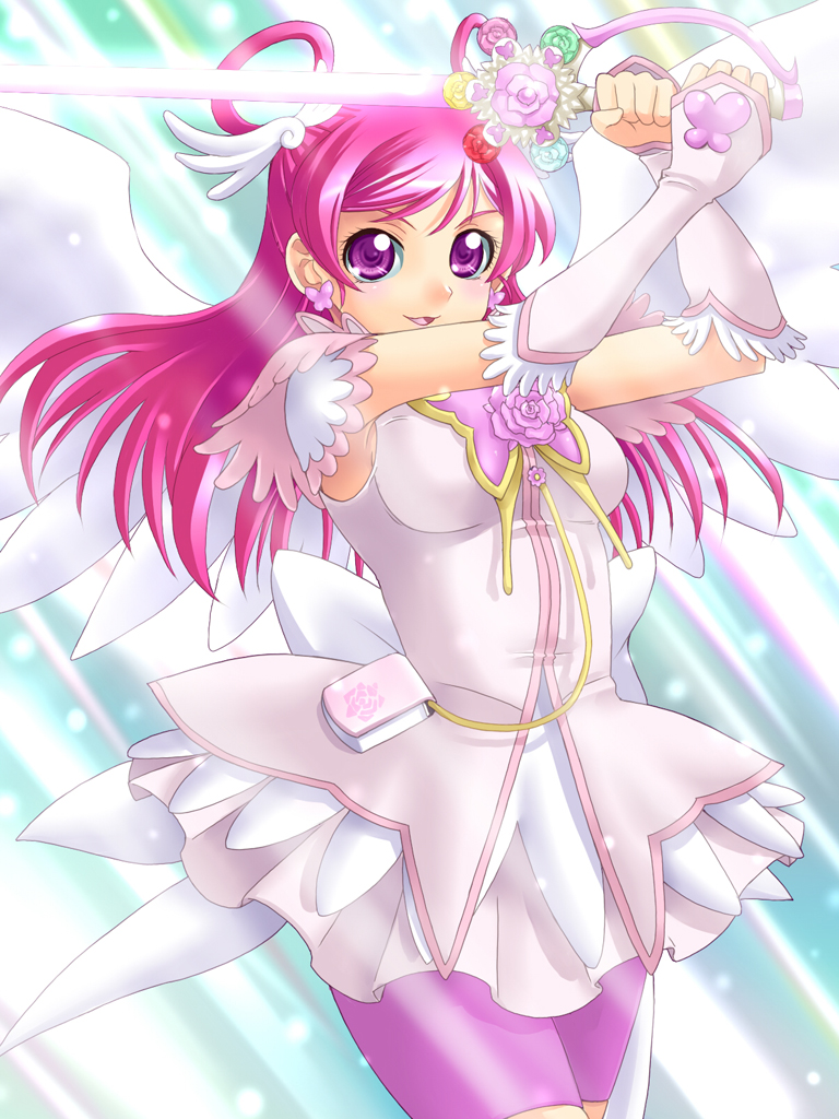 00s 1girl angel_wings bike_shorts brooch bug butterfly cure_dream dress earrings energy_sword eyelashes female_focus flower flower_brooch gloves head_wings insect jewelry lightsaber long_hair magical_girl pink_flower pink_hair pink_rose pink_shorts precure purple_eyes rose shining_dream shorts shorts_under_dress shorts_under_skirt smile solo sword weapon wings yaso_shigeru yes!_precure_5 yumehara_nozomi