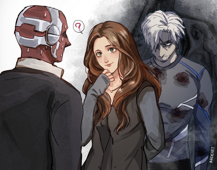 1girl 2boys ? avengers:_age_of_ultron avengers_(series) back black_eyes black_pants black_sweater brother_and_sister brown_hair closed_mouth collarbone collared_shirt colored_skin commentary dress english_commentary facial_hair green_eyes grey_dress grey_shirt hair_over_one_eye hand_up jewelry kadeart lips long_hair long_sleeves looking_at_another marvel marvel_cinematic_universe multiple_boys necklace nervous no_mouth pants pietro_maximoff red_skin shirt short_hair siblings simple_background smile speech_bubble standing sweat sweater v-shaped_eyebrows vision_(marvel) wanda_maximoff white_background white_hair white_shirt