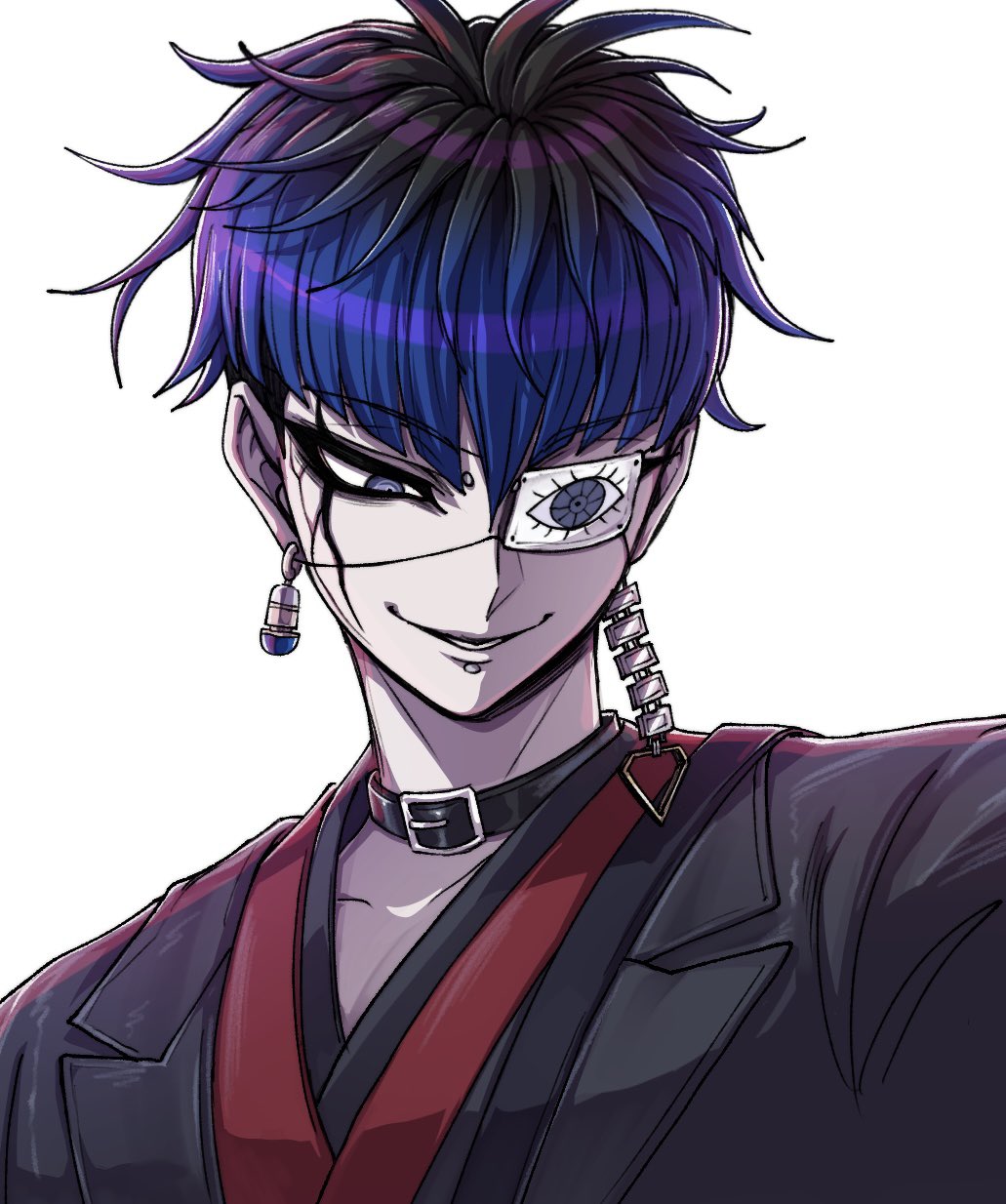 1boy black_collar black_hair black_jacket blue_hair chamuchai collar cracked_skin earrings eyepatch face_piercing grey_eyes highres jacket jacket_over_kimono japanese_clothes jewelry kimono labret_piercing looking_down male_focus multicolored_hair official_alternate_costume omokage_yugamu piercing portrait red_kimono short_hair simple_background smile solo the_hundred_line_-last_defense_academy- tower_records white_background