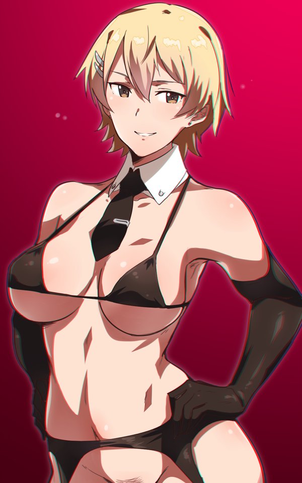 1girl bikini black_bikini black_gloves blonde_hair blush breasts brown_eyes chris_keera detached_collar earrings elbow_gloves em_(totsuzen_no_hakike) female_pubic_hair garter_belt gloves gradient_background grin hair_ornament hands_up jewelry looking_at_viewer necktie noble_witches pubic_hair short_hair smile solo swimsuit world_witches_series