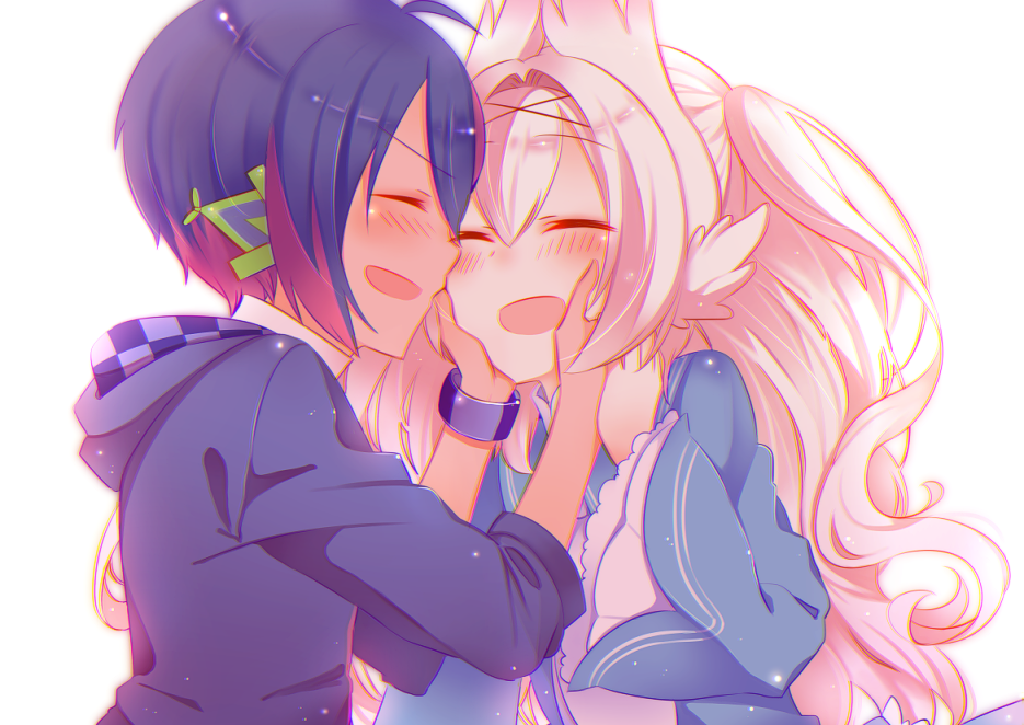 1bitheart 1boy 1girl black_hoodie blue_kimono blush cousins facing_another half_updo hand_on_another&#039;s_cheek hand_on_another&#039;s_face hood hoodie japanese_clothes kimono long_hair long_sleeves mizuki_miclairno_miumi multicolored_hair necota116 open_mouth pink_hair purple_hair short_hair smile suoh_natsukage twintails white_background