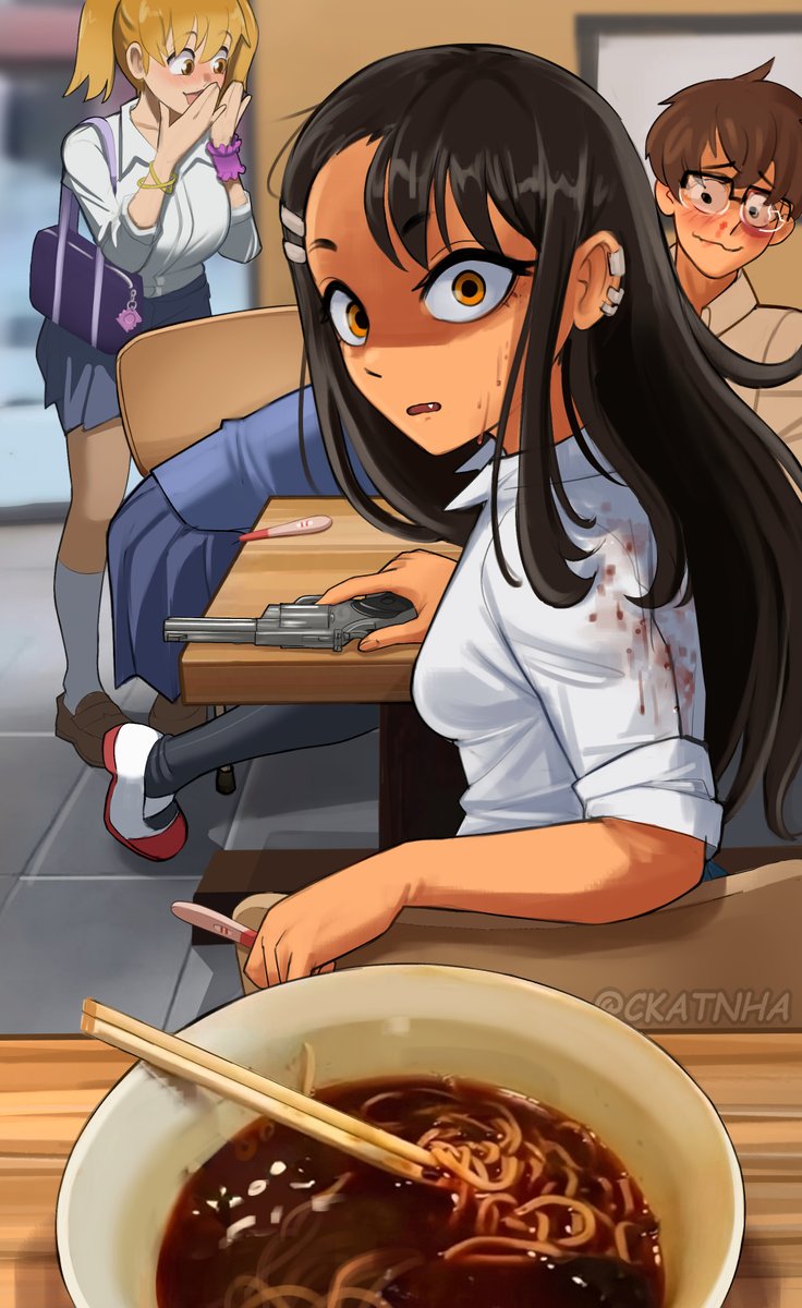 1boy 3girls black_hair black_pantyhose blood blue_skirt breasts brown_hair brown_shoes ckatnha closed_mouth collared_shirt commentary condom condom_wrapper dark-skinned_female dark_skin ear_piercing english_commentary fang food frown gun hachiouji_naoto handgun highres holding holding_gun holding_pregnancy_test holding_weapon ijiranaide_nagatoro-san implied_fellatio large_breasts long_hair long_skirt looking_at_viewer looking_back multiple_girls nagatoro_hayase noodles nosebleed open_mouth pantyhose partially_shaded_face piercing pleated_skirt pregnancy_test ramen restaurant revolver shirt shoes short_hair sitting skirt small_breasts smile socks sunomiya_hana table tan weapon white_shirt white_shoes white_socks yoshi_(nagatoro)