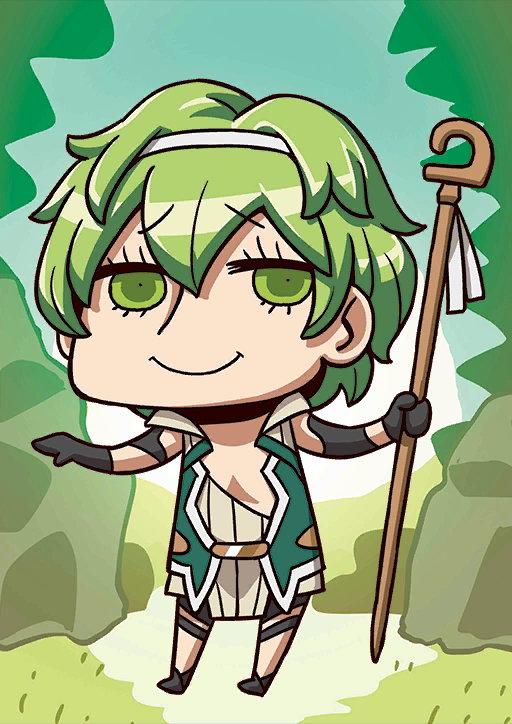 1boy april_fools chibi david_(fate/apocrypha) david_(fate) fate/apocrypha fate/grand_order fate_(series) green_eyes green_hair male_focus matching_hair/eyes riyo_(lyomsnpmp) smile solo staff