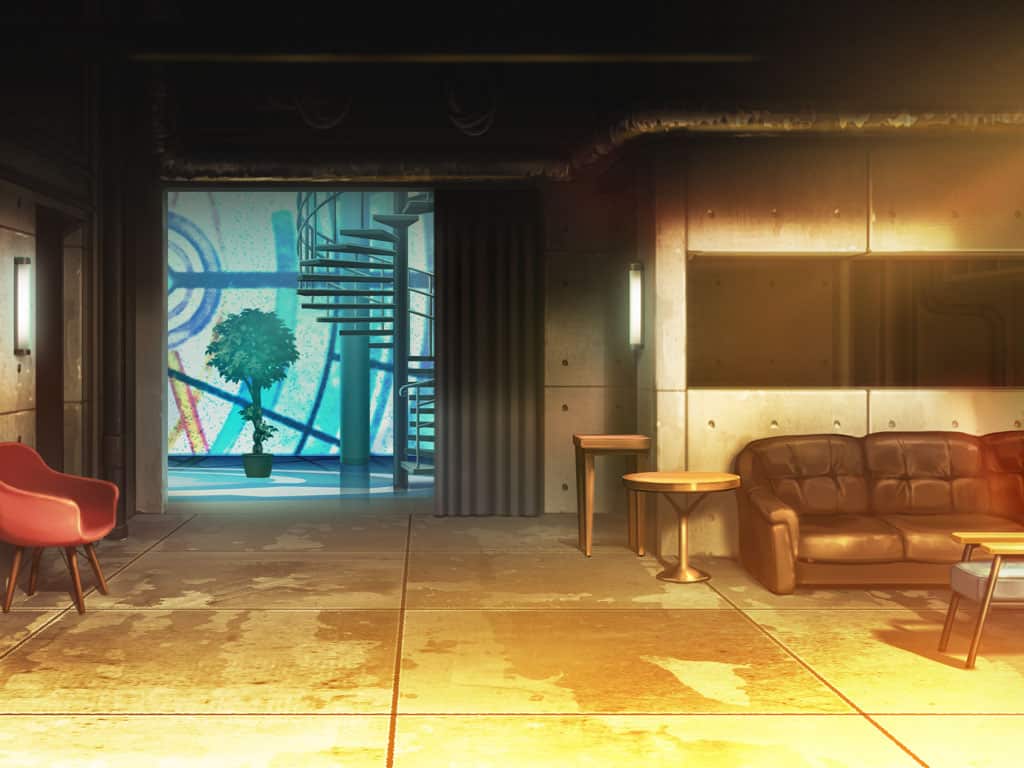 armchair artist_request chair couch curtains doorway game_cg indoors industrial_pipe living_room magia_record:_mahou_shoujo_madoka_magica_gaiden mahou_shoujo_madoka_magica no_humans official_art plant potted_plant scenery shadow spiral_staircase stained_glass stairs sunset table tile_floor tile_wall tiles