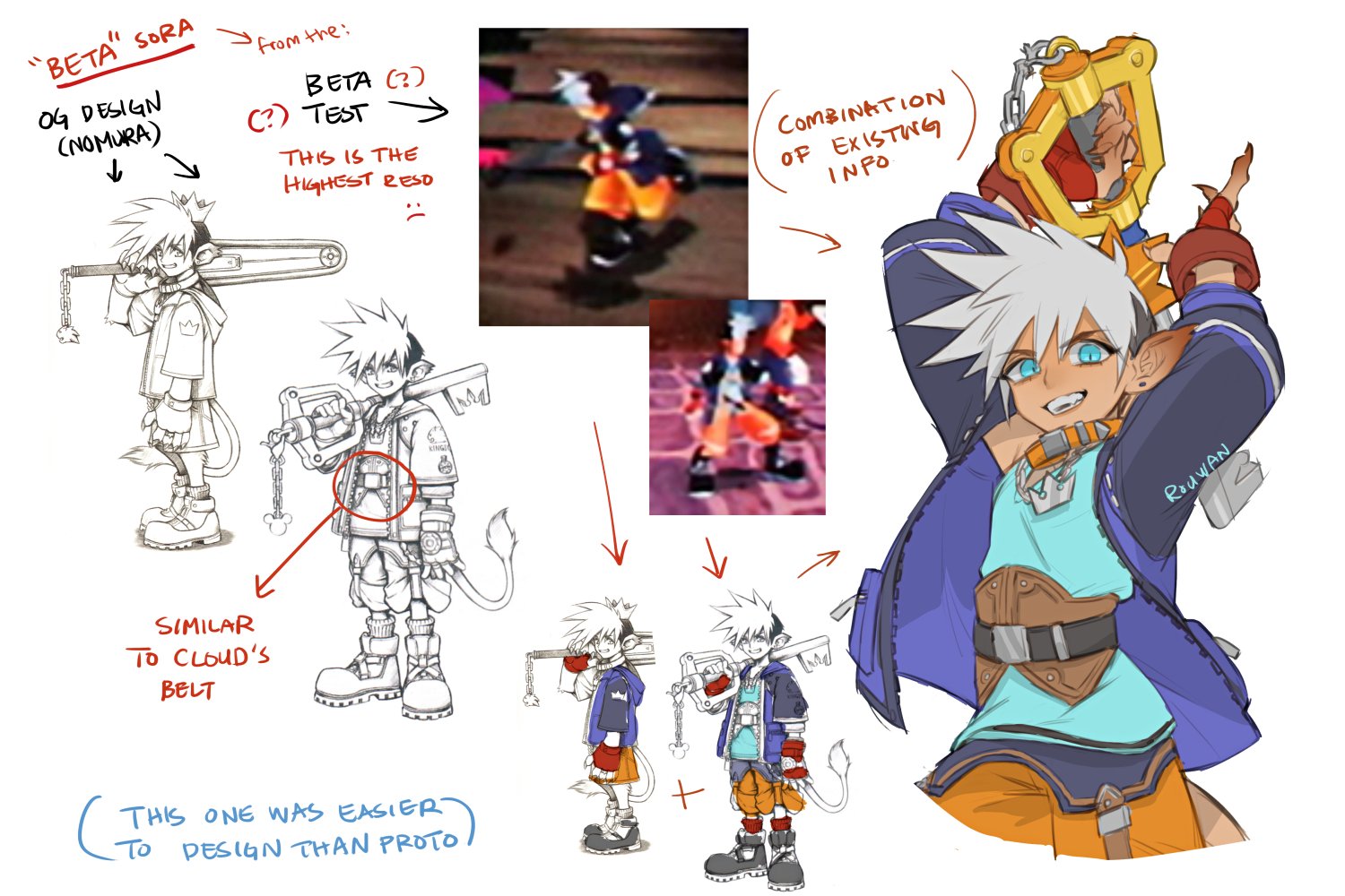 alternate_design animal_collar arms_up arrow_(symbol) belt black_belt blue_eyes blue_jacket blue_shirt brown_belt chain chain_necklace claws collar commentary concept_art crown design_speculation earrings english_commentary english_text fang fingerless_gloves gloves grey_hair grin holding holding_weapon jacket jewelry keyblade kingdom_hearts lion_boy lion_tail looking_at_viewer mini_crown necklace nomura_tetsuya official_art_inset open_clothes open_jacket orange_collar orange_pants pants pendant pointy_ears prototype_design red_gloves rouwan screenshot_inset shirt short_hair signature slit_pupils smile sora_(kingdom_hearts) spiked_hair stud_earrings tail tan v-neck weapon white_background