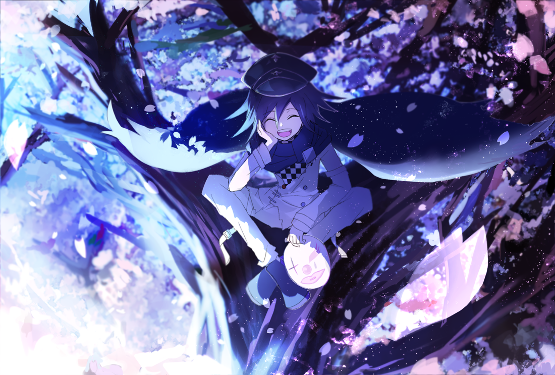 1boy ^_^ arm_up belt belt_buckle black_cape black_hat black_scarf black_shoes buckle buttons cape checkered_clothes checkered_scarf cherry_blossoms closed_eyes clown_mask collared_cape danganronpa_(series) danganronpa_v3:_killing_harmony dodi990 double-breasted falling_petals full_body hair_between_eyes hand_on_own_cheek hand_on_own_face happy hat holding holding_mask in_tree jacket light_particles long_sleeves mask multicolored_buttons multiple_belts night oma_kokichi open_belt open_mouth outdoors pants peaked_cap petals purple_hair scarf shoes short_hair sitting sleeves_past_wrists smile solo spring_(season) teeth thigh_belt thigh_strap torn_cape torn_clothes torn_scarf tree two-tone_scarf upper_teeth_only white_background white_belt white_jacket white_pants white_scarf wrist_belt