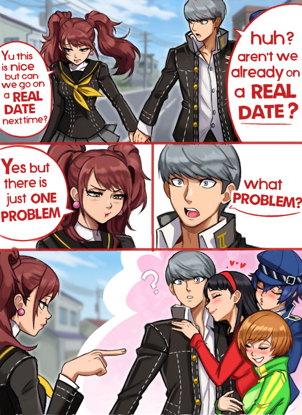 1boy 4girls ? amagi_yukiko arm_hug black_hair black_jacket black_sailor_collar blue_hair blue_hat blue_jacket blush breasts brown_hair closed_eyes closed_mouth collared_shirt commentary day dress_shirt earrings english_commentary english_text green_jacket grey_eyes grey_hair grey_skirt grin hairband harem hat heart highres holding_hands hug_from_side jacket jewelry kujikawa_rise long_hair long_sleeves looking_at_another looking_down medium_breasts multiple_girls narukami_yu neckerchief neggoartz open_clothes open_jacket open_mouth outdoors persona persona_4 pointing pointing_at_another pout puckered_lips red_hair red_hairband red_lips sailor_collar satonaka_chie school_uniform shirogane_naoto shirt short_hair skirt smile speech_bubble striped_clothes striped_jacket utility_pole vertical-striped_clothes vertical-striped_jacket white_shirt yellow_neckerchief