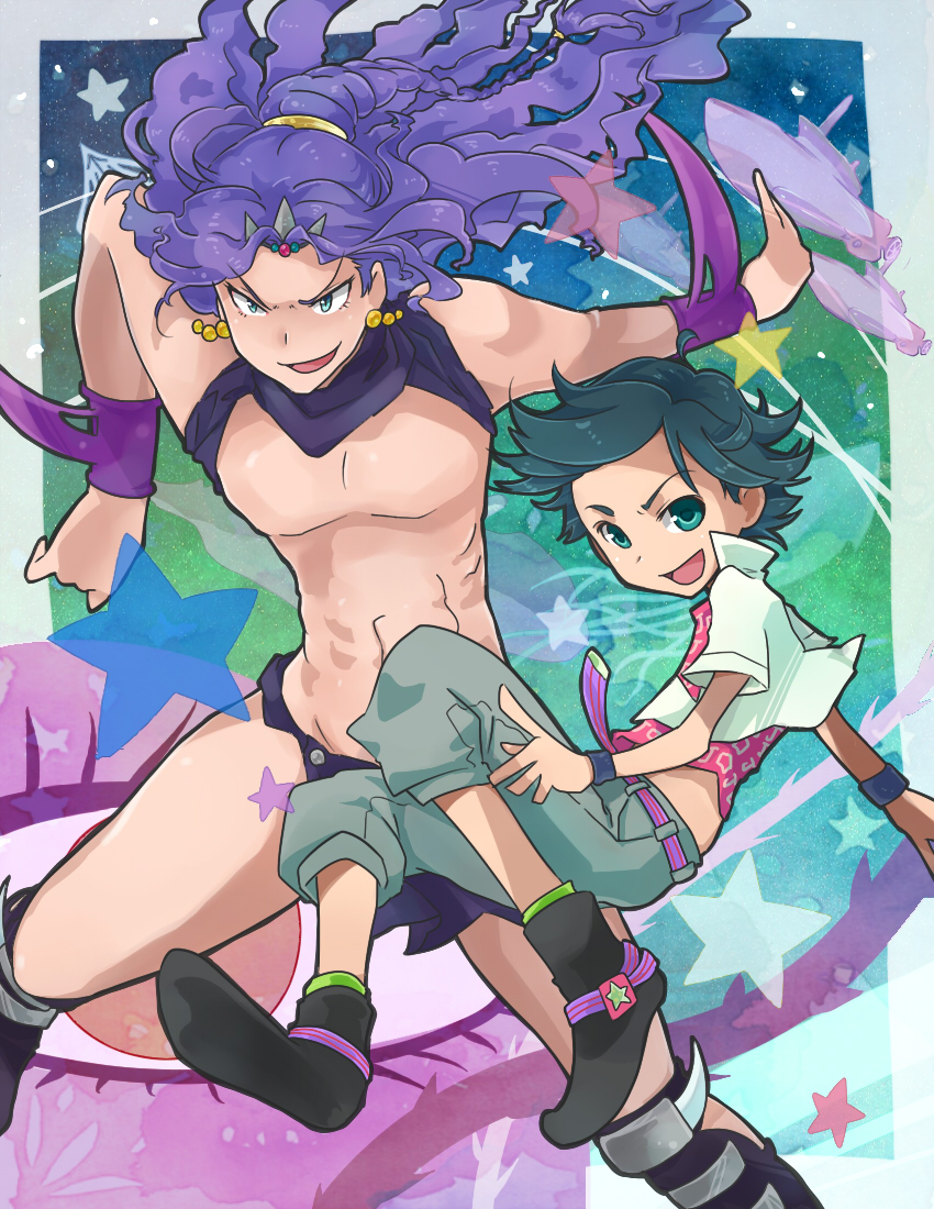 2boys arm_blade blue_hair george_joestar_ii jojo_no_kimyou_na_bouken kars_(jojo) long_hair male_focus multiple_boys purple_hair tama_(miloque) weapon
