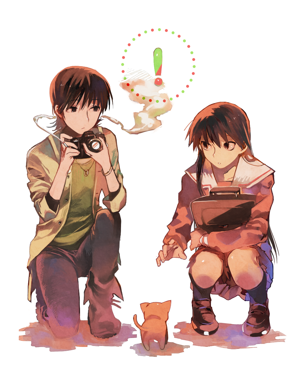! 2girls androgynous azumanga_daiou bag black_eyes black_hair bracelet camera cat cigarette creator_connection crossover expressionless highres jewelry kitaya long_hair looking_at_another multiple_girls necklace on_one_knee reverse_trap sakaki_(azumanga_daioh) school_bag school_uniform serafuku shadow short_hair simple_background smoke squatting torako_(yotsubato!) white_background yotsubato!