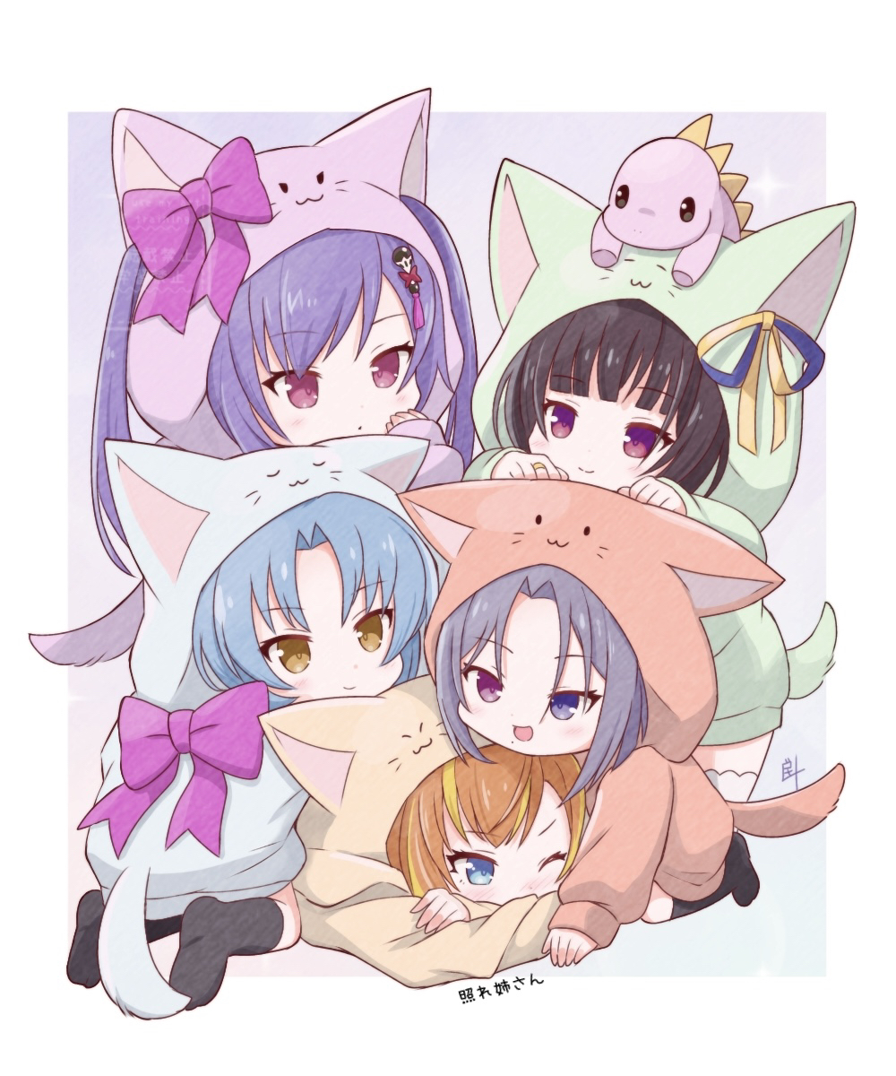 5girls :3 animal_ears animal_hood artist_name assault_lily black_hair black_socks blonde_hair blue_background blue_eyes blue_hair blue_hoodie blue_ribbon blush border bow cat_ears cat_hood cat_tail closed_mouth commentary_request crossed_arms dogpile fake_animal_ears fake_tail full_body girl_on_top gradient_background green_hoodie grey_hair hair_ornament hair_through_hood hand_up hands_on_another&#039;s_head hands_up heads_together heterochromia highres hood hoodie inoguchi_minto jewelry kagawa_makina kariya_higure kneehighs kneeling long_hair long_sleeves looking_at_another lying makino_mitake matsumura_fuuka mole mole_under_mouth morimoto_yuni multicolored_hair multiple_girls no_shoes nose_blush on_stomach open_mouth orange_hair orange_hoodie outside_border parted_bangs pink_bow pink_eyes purple_background purple_hair purple_hoodie ribbon ring short_hair socks standing streaked_hair stuffed_animal stuffed_dinosaur stuffed_toy tail tassel tassel_hair_ornament thighhighs translation_request twintails two-tone_hair two-tone_ribbon v-shaped_eyebrows watermark white_border white_thighhighs yellow_eyes yellow_hoodie yellow_ribbon