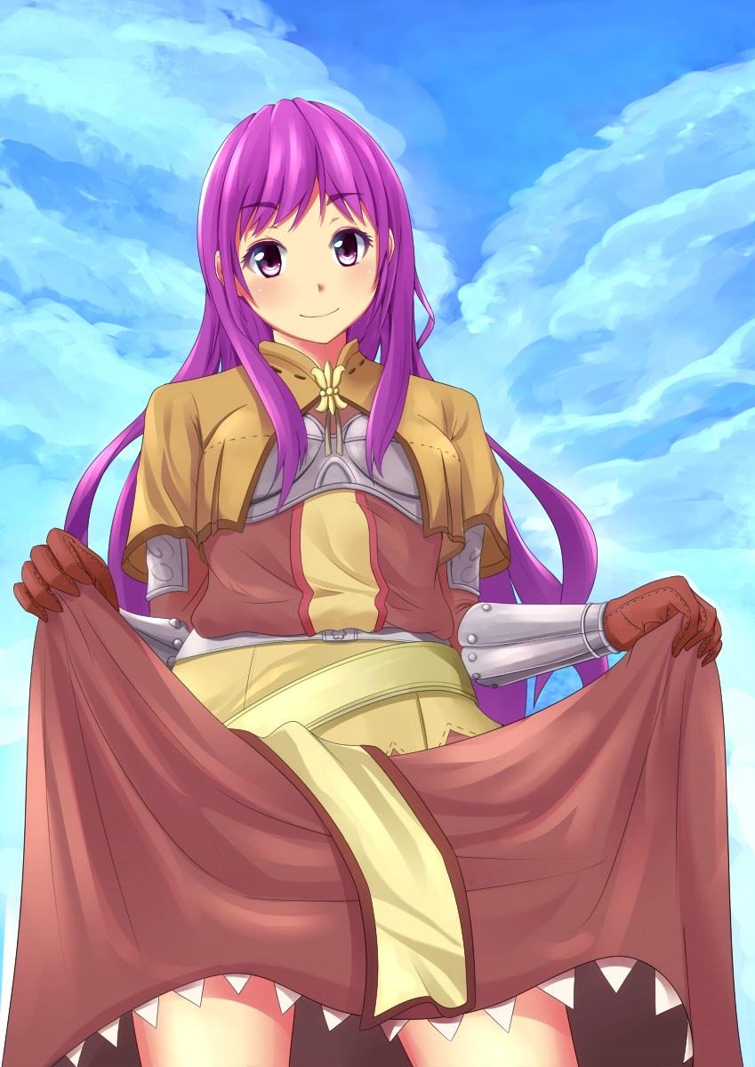 1girl blue_sky blush brown_capelet brown_dress brown_gloves capelet chest_guard closed_mouth cloud commentary_request cowboy_shot curtsey day dress gloves highres kurohachiboku long_hair looking_at_viewer outdoors purple_eyes purple_hair ragnarok_online sky smile solo swordsman_(ragnarok_online)
