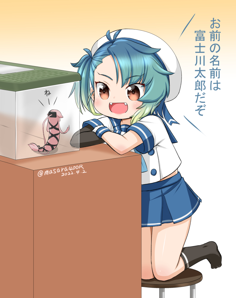 1girl arm_warmers black_socks blue_hair blue_neckerchief blue_sailor_collar blue_skirt box brown_eyes commentary_request fangs fukae_(kancolle) gloves gradient_hair hat kantai_collection kneehighs kneeling masara_(chuujou) multicolored_hair neckerchief pleated_skirt sailor_collar sailor_hat school_uniform serafuku short_hair short_sleeves side_ponytail sidelocks single_arm_warmer skirt snake socks stool white_gloves white_headwear yura_(kancolle) yura_(snake)