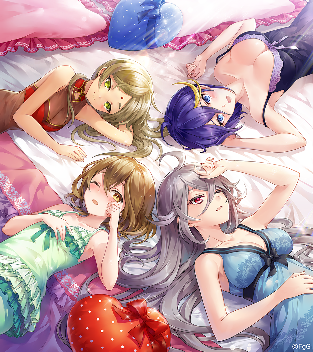 4girls ahoge aqua_camisole artemis_(phantom_of_the_kill) bare_shoulders blonde_hair blue_pillow breasts brown_eyes brown_hair camisole closed_mouth green_camisole green_eyes grey_hair hair_between_eyes heart heart-shaped_pillow laevateinn_(phantom_of_the_kill) large_breasts long_hair longinus_(phantom_of_the_kill) lying medium_breasts medium_hair multicolored_hair multiple_girls official_art on_back one_eye_closed open_mouth parashu phantom_of_the_kill pillow pink_pillow purple_camisole red_eyes red_pillow second-party_source smile streaked_hair very_long_hair