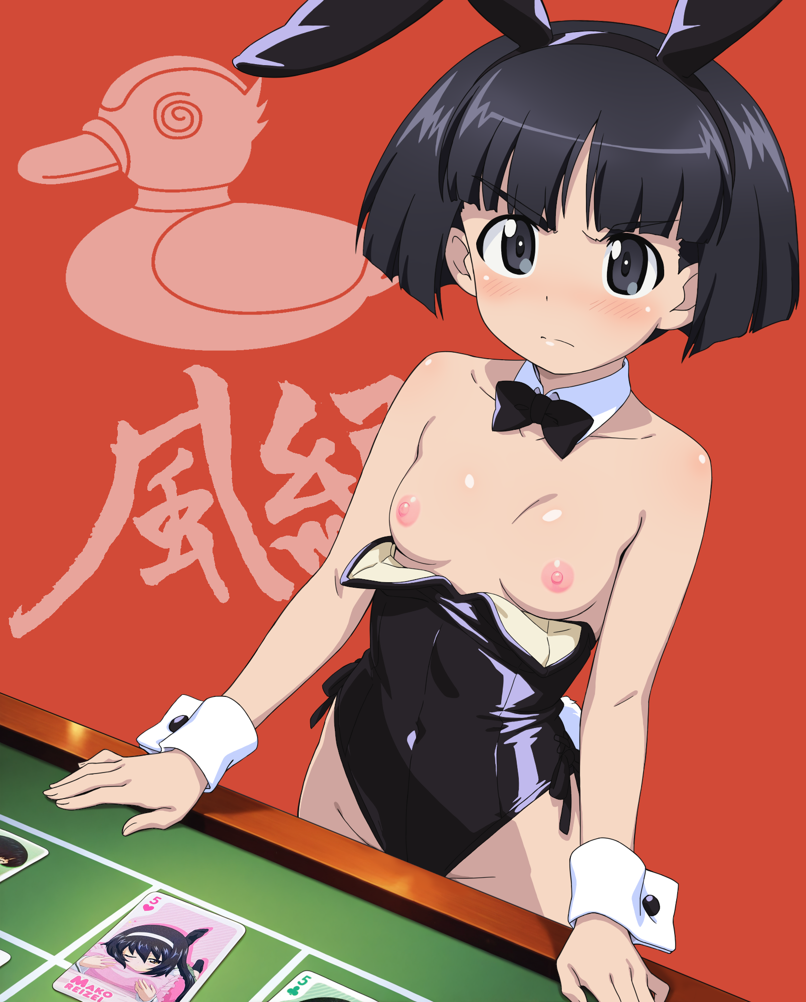 1girl angry animal_ears armpit_crease bare_shoulders black_bow black_bowtie black_hair black_leotard blue_eyes blush bow bowtie breasts breasts_out bust_cup card closed_mouth collarbone covered_navel emblem fake_animal_ears fake_tail girls_und_panzer glaring groin highleg highleg_leotard highres leotard leotard_pull looking_at_viewer lucasddst nipples petite playboy_bunny playing_card poker_table rabbit_ears rabbit_tail red_background reizei_mako short_hair simple_background small_breasts solo sono_midoriko table tail white_wrist_cuffs wrist_cuffs