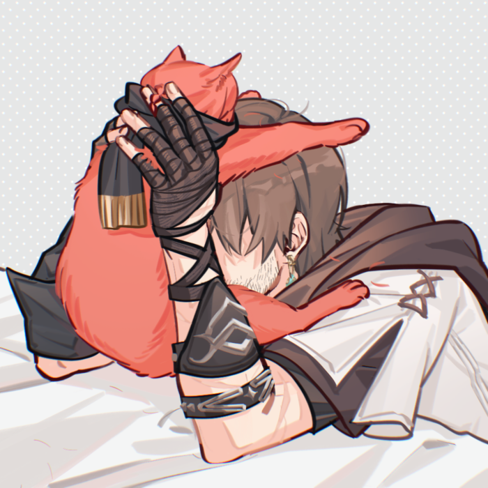 2boys animal beard_stubble bed_sheet black_scarf brown_hair cat crystal_exarch dotted_background earrings facial_hair final_fantasy final_fantasy_xiv g&#039;raha_tia g&#039;raha_tia grey_background holding holding_animal holding_cat jewelry male_focus miqo&#039;te multiple_boys red_cat scarf shirt short_hair sketch stubble suiteikanse upper_body warrior_of_light_(ff14) yaoi
