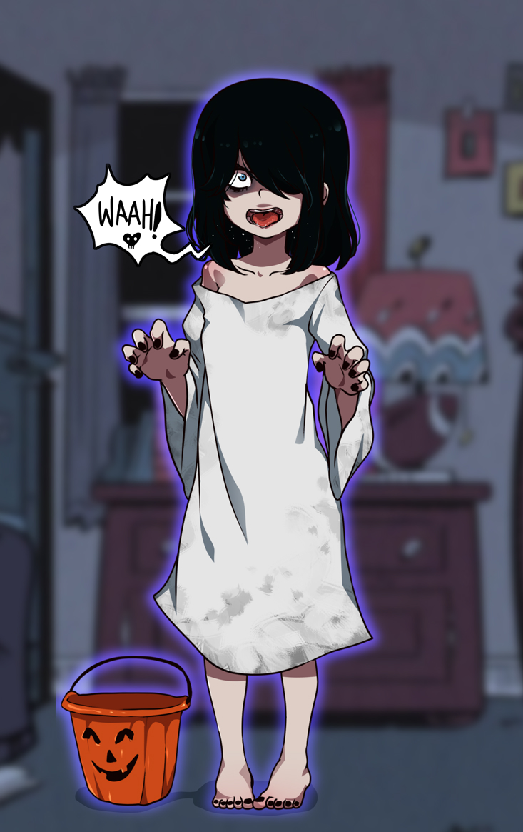 1girl barefoot black_hair black_nails black_toenails blue_eyes blurry blurry_background child cosplay dress facing_viewer full_body ghost_costume hair_over_one_eye halloween halloween_bucket halloween_costume indoors jcm2 looking_at_viewer lucy_loud medium_hair nail_polish off_shoulder solo standing the_loud_house the_ring toenail_polish toenails white_dress window yamamura_sadako_(cosplay)