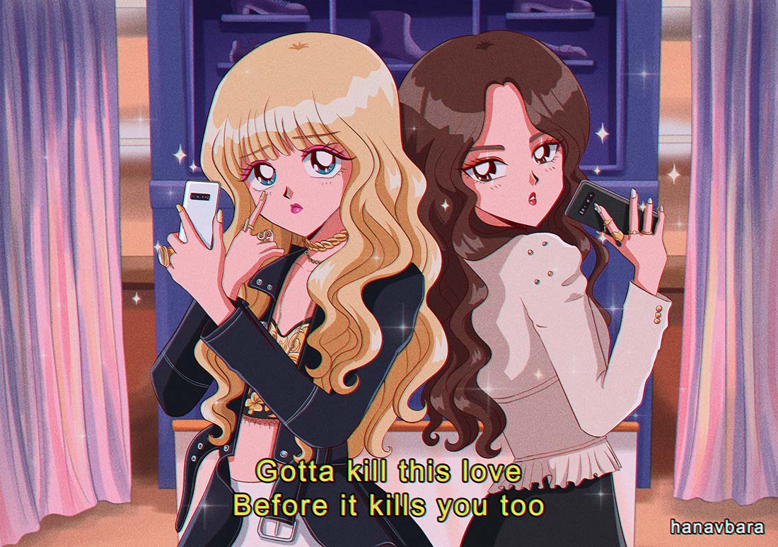 1990s_(style) 2girls artist_name black_jacket blackpink blonde_hair blue_eyes blunt_bangs brown_eyes brown_hair commentary cowboy_shot english_commentary eyeshadow hanavbara jacket jennie_(blackpink) jewelry lisa_(blackpink) long_hair looking_at_viewer lyrics makeup multiple_girls pink_eyeshadow real_life red_eyeshadow retro_artstyle ring sparkle white_nails