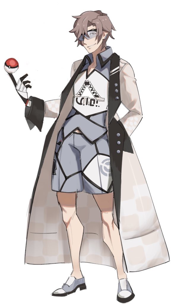 1boy adapted_costume balancing_on_finger black_gloves brown_coat brown_hair cevio checkered_coat closed_mouth coat commentary_request curtained_hair earclip full_body gloves grey_shirt grey_shoes grey_shorts grin half-closed_eyes hand_in_pocket hiragi_sage long_sleeves looking_at_viewer male_focus nintendo open_clothes open_coat poke_ball pokemon pokemon_swsh shirt shoes short_hair shorts simple_background smile solo standing sunglasses takahashi_amato two-tone_gloves white_background white_gloves