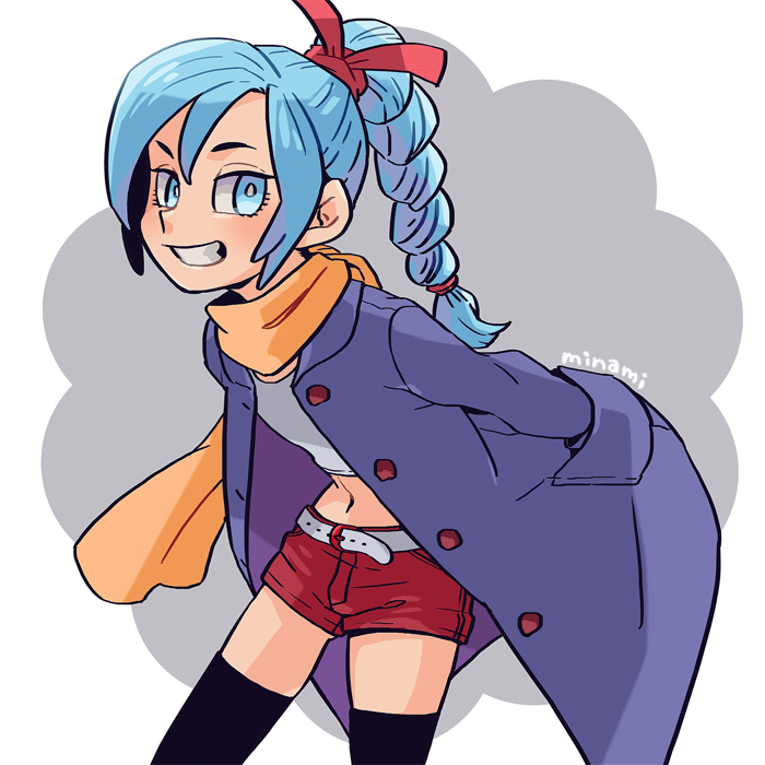 1girl belt blue_eyes blue_hair braid braided_ponytail coat commentary_request dragon_quest dragon_quest_xi dramatica female_focus grin hair_ribbon high_braid long_hair looking_at_viewer maya_(dq11) navel ribbon scarf shorts single_braid smile solo thighhighs