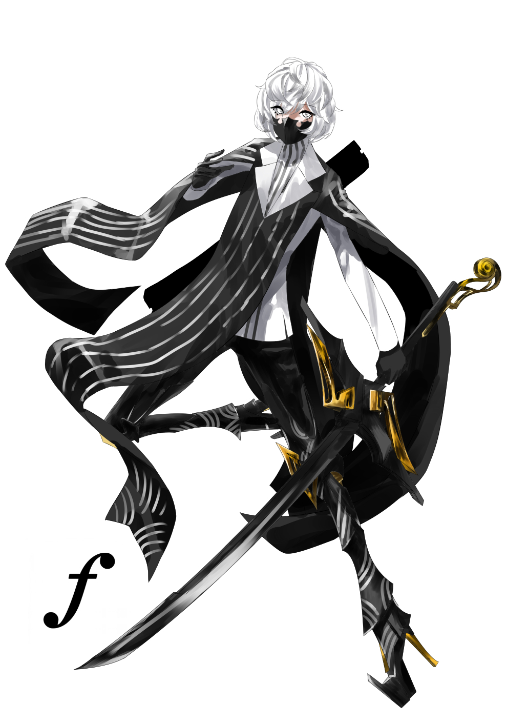 1boy bad_id bad_pixiv_id black_gloves black_legwear black_pants forte_(symbol) full_body gloves hand_up high_heels highres holding holding_sword holding_weapon male_focus original pants personification simple_background solo standing sword tsuki-shigure weapon white_background white_hair