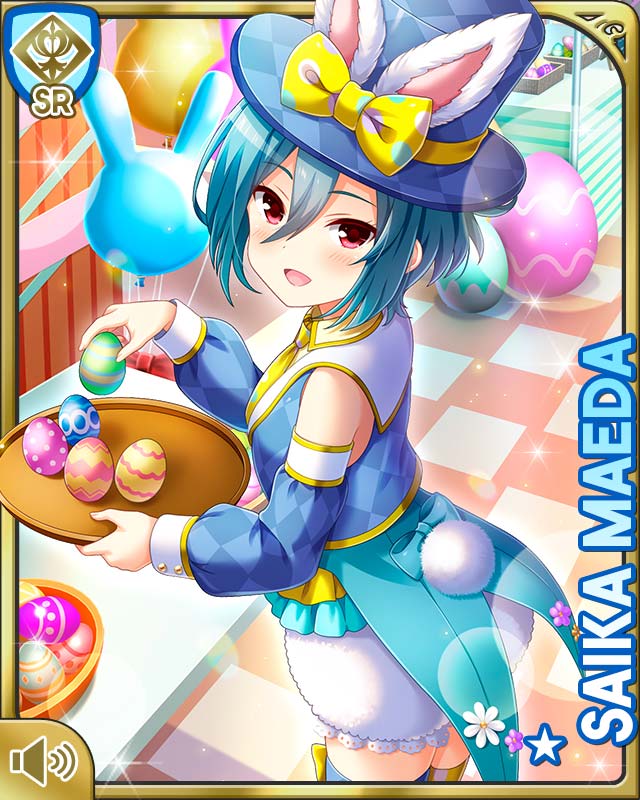 1girl animal_ears asymmetrical_legwear blue_coat blue_hat blue_sleeves blue_thighhighs card character_name coat cosplay day detached_sleeves easter easter_bunny_(cosplay) easter_egg egg fake_animal_ears fake_tail girlfriend_(kari) hat indoors maeda_saika mismatched_legwear necktie official_art open_mouth pants petticoat polka_dot_thighhighs qp:flapper rabbit_ears rabbit_girl rabbit_tail smile solo sparkle striped_clothes striped_thighhighs tagme tail thighhighs top_hat yellow_necktie yellow_thighhighs