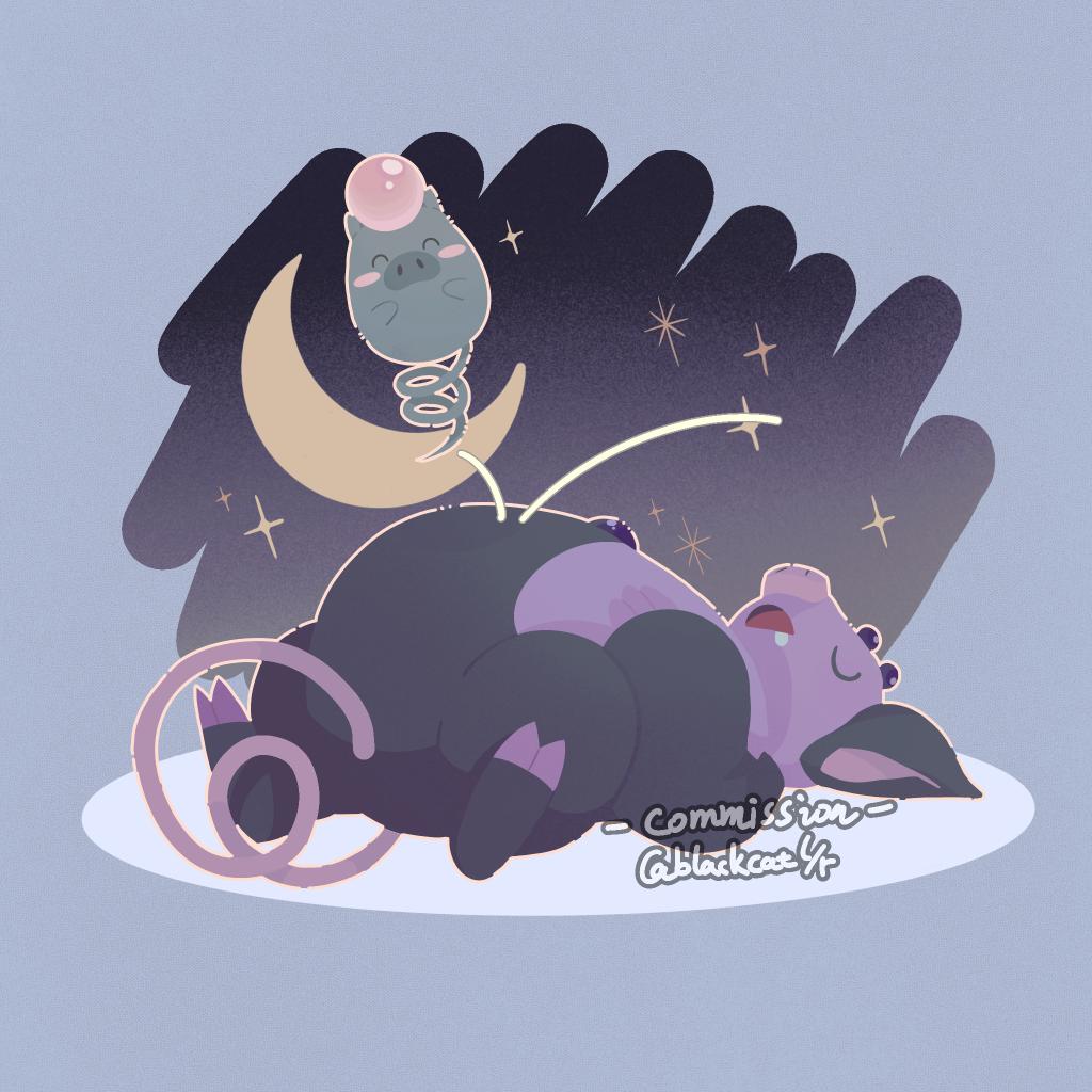 blackcatlandr border closed_eyes commission crescent_moon drooling evolutionary_line gen_3_pokemon grey_border grumpig jumping lying moon nintendo on_back open_mouth pokemon pokemon_(creature) saliva sleeping spoink twitter_username u_u watermark