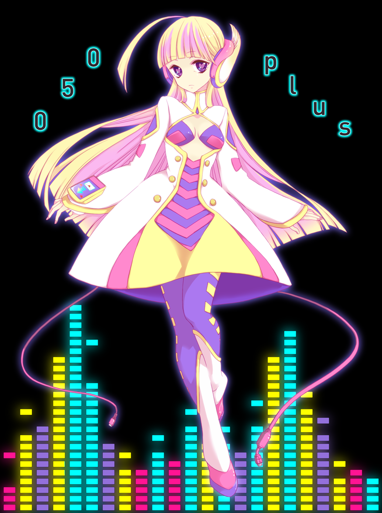 050_plus 050plus 1girl ahoge bad_id bad_pixiv_id black_background blonde_hair blunt_bangs center_opening coat dress female_focus full_body headphones heart heart-shaped_pupils huge_ahoge long_hair long_sleeves looking_at_viewer saji sazinizas simple_background solo symbol-shaped_pupils usb usb_cable very_long_hair voice_fes_2012 white_dress