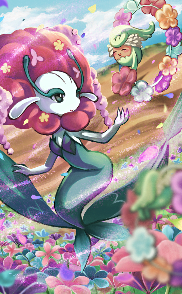 artist_request blush_stickers closed_eyes comfey dutch_angle field florges florges_(red_flower) flower flower_field flower_necklace gen_6_pokemon gen_7_pokemon jewelry lei necklace nintendo no_humans open_mouth plant pokemon pokemon_(creature) smile