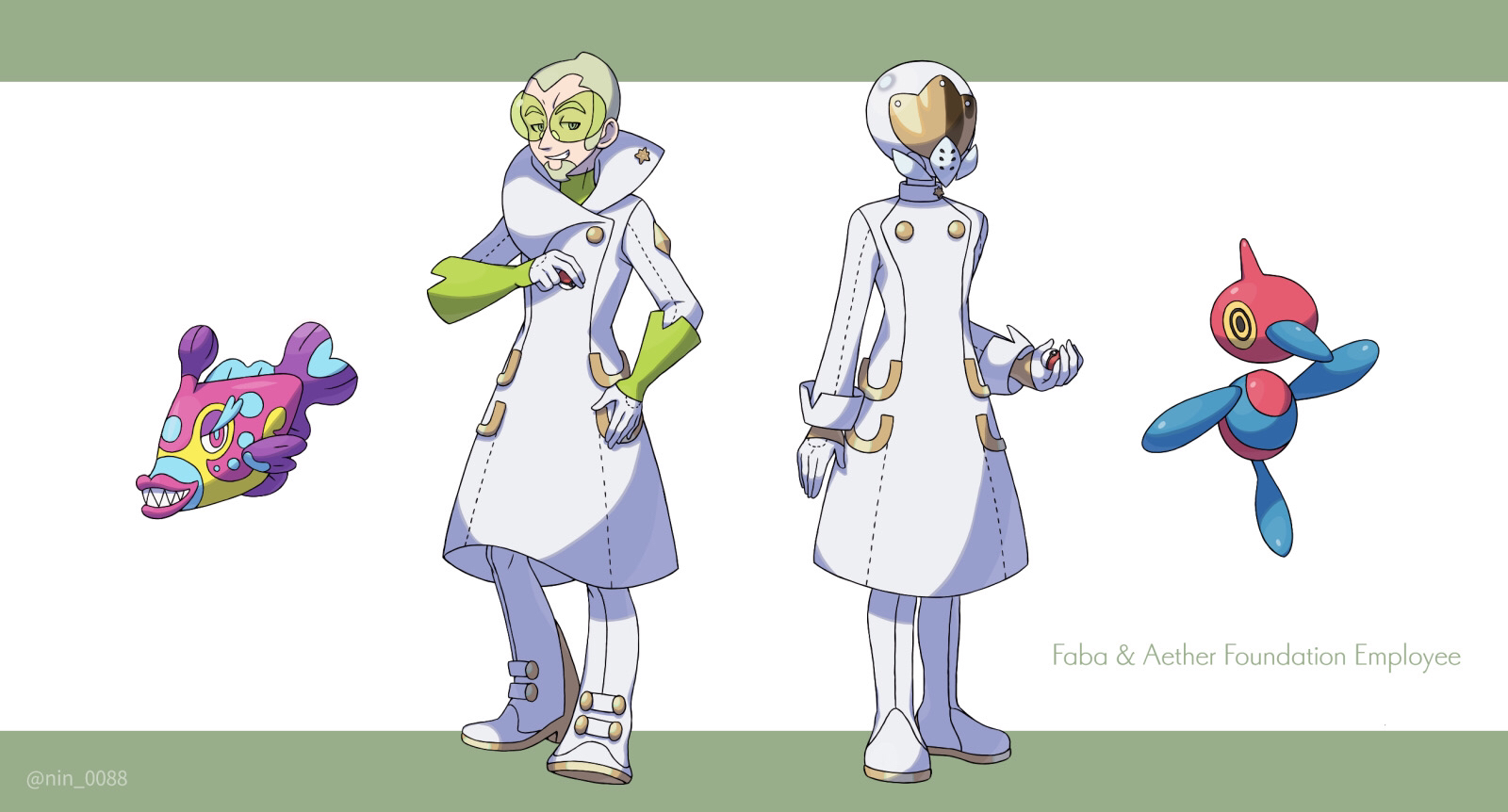 1boy 1other aether_foundation_employee boots bracer bruxish coat commentary_request faba_(pokemon) facial_hair full_body gen_4_pokemon gen_7_pokemon goatee green-tinted_eyewear green_hair green_shirt grin highres holding holding_poke_ball logo nin_(nin_0088) nintendo poke_ball poke_ball_(basic) pokemon pokemon_(creature) pokemon_sm porygon-z shirt short_hair smile standing sunglasses tinted_eyewear white_background white_coat white_footwear