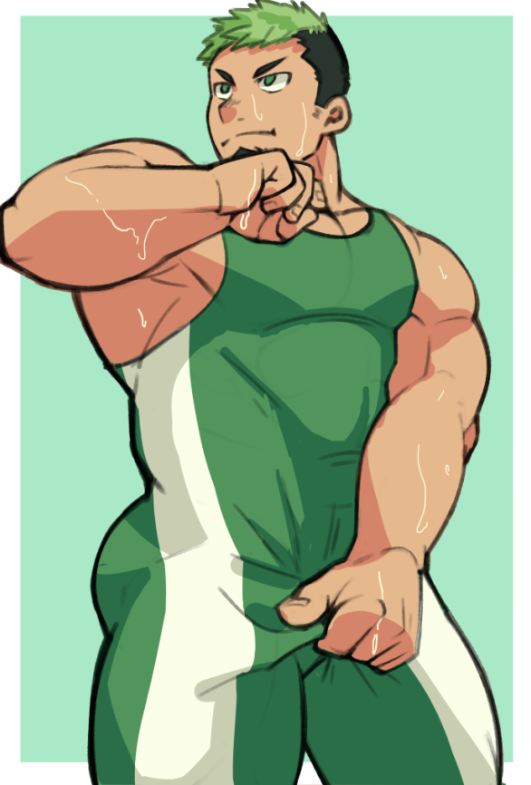 1boy bara black_hair covered_abs cowboy_shot dark-skinned_male dark_skin facial_hair goatee green_hair ikusaba_daisuke looking_to_the_side male_focus multicolored_hair muscular muscular_male pectoral_cleavage pectorals ragi_san_(ononokomachiimo) short_hair sideburns_stubble sidepec singlet solo standing stubble sweat sweaty_clothes thick_eyebrows thick_thighs thighs tokyo_houkago_summoners two-tone_hair unfinished very_sweaty wrestling_outfit