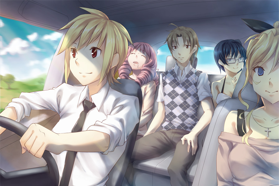 1boy 4girls :3 ahoge alternate_costume androgynous argyle_clothes argyle_sweater_vest artist_request black_bow black_necktie blonde_hair blue_eyes blue_hair blue_sky bow brown_eyes brown_hair brown_pants brown_shirt car_interior casual closed_mouth cloud collared_shirt cousins cross cross_necklace day drill_hair driving drooling game_cg glasses grey-framed_eyewear hair_bow hakamichi_shizune hand_on_own_leg jewelry katawa_shoujo long_hair mikado_shiina multiple_girls nakai_hisao necklace necktie non-web_source official_alternate_costume official_art open_mouth pants pink_hair red_eyes reverse_trap saliva satou_akira satou_lilly shirt short_hair siblings sisters sitting sky sleeping sleeping_upright smile smug sweater_vest teeth tree upper_teeth_only very_short_hair white_shirt