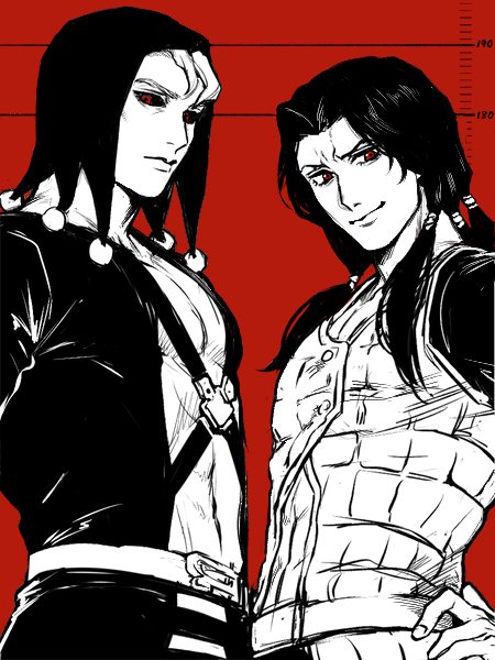 01rosso 2boys black_sclera closed_mouth colored_sclera commentary_request fingernails greyscale_with_colored_background hand_on_own_hip hat height_difference illuso jester_cap jojo_no_kimyou_na_bouken long_hair male_focus multiple_boys navel red_background red_eyes risotto_nero toned toned_male vento_aureo