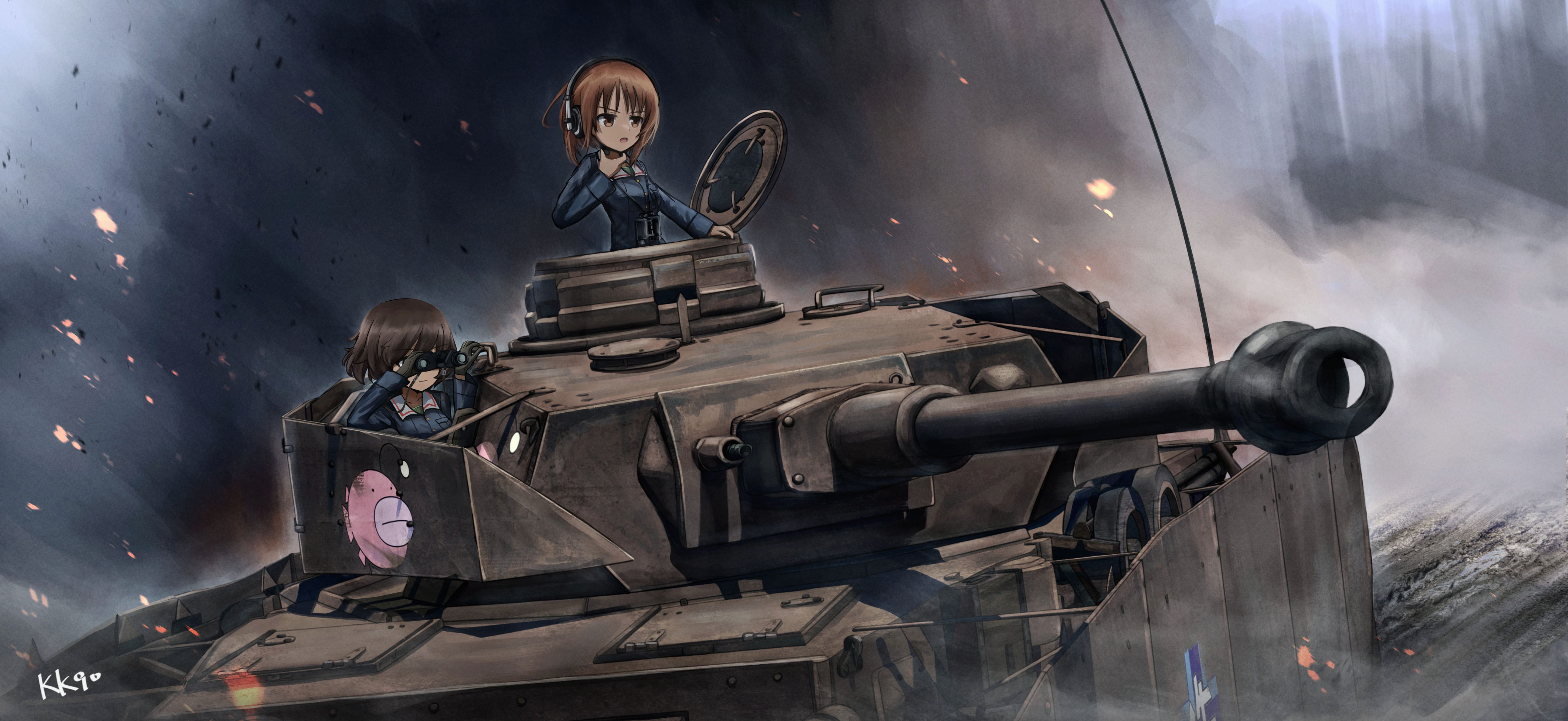 2girls absurdres akiyama_yukari anglerfish artist_name binoculars black_gloves blue_jacket brown_eyes brown_hair chinese_commentary closed_mouth commentary commentary_request day embers emblem english_commentary explosion fish girls_und_panzer gloves hand_on_own_neck headphones highres holding holding_binoculars jacket kk90 long_sleeves military_uniform military_vehicle mixed-language_commentary motor_vehicle multiple_girls nishizumi_miho ooarai_(emblem) ooarai_military_uniform open_mouth outdoors panzer_iv revision short_hair signature smoke tank throat_microphone undershirt